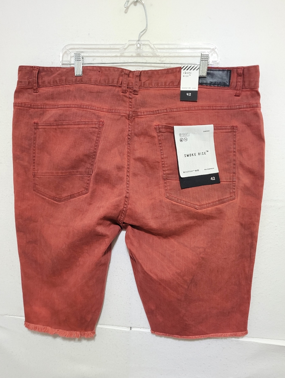 SMOKE RISE RED WASH DENIM SHORTS MEN'S SIZE 42 FRAYED HEM